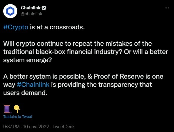 Chainlink apporte une solution automatique de Proof of Reserve pour restaurer la confiance des utilisateurs dans les exchanges.