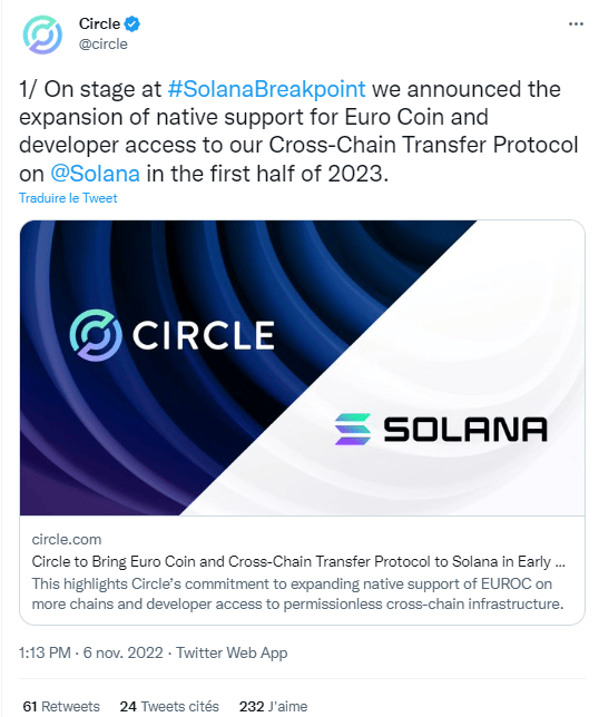 Circle annonce l’arrivée de l’EUROC sur Solana.
