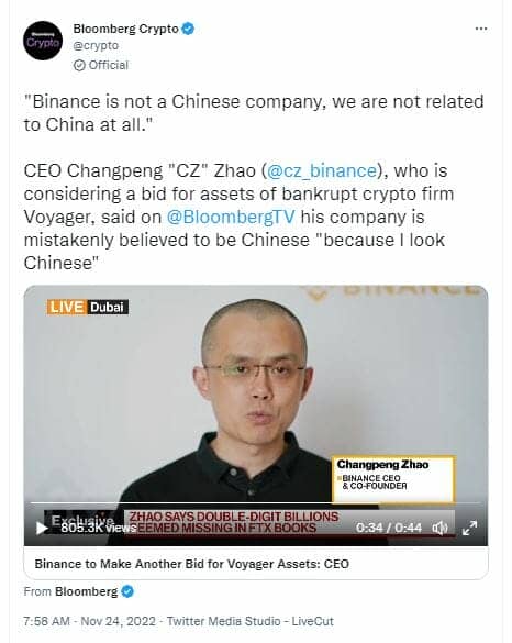 Dans une interview avec Bloomberg, Changpeng Zao confirme que Binance.US fera une offre à Voyager.