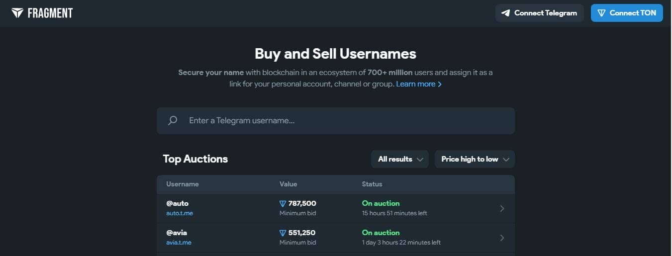 NFT : des noms d'utilisateur Telegram vendus sur fragment.com