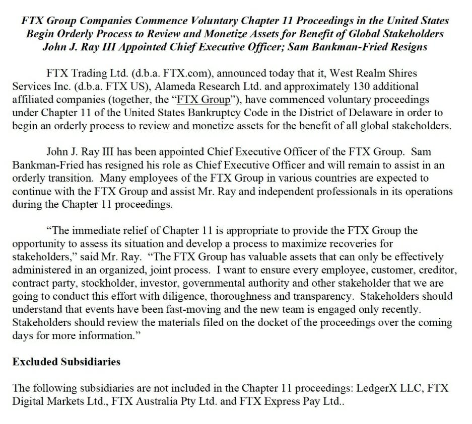 Le group FTX se déclare en faillite. Son CEO Sam Bankman Fried démissionne.