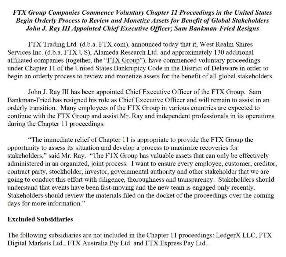 Le group FTX se déclare en faillite. Son CEO Sam Bankman Fried démissionne.