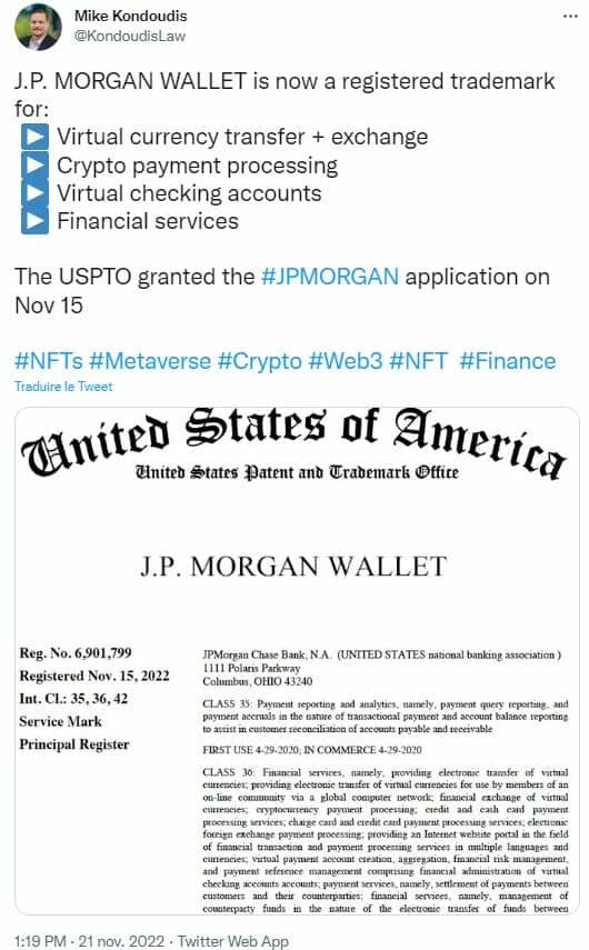 JP Morgan has obtained trademark registration for its in-house crypto portfolio.