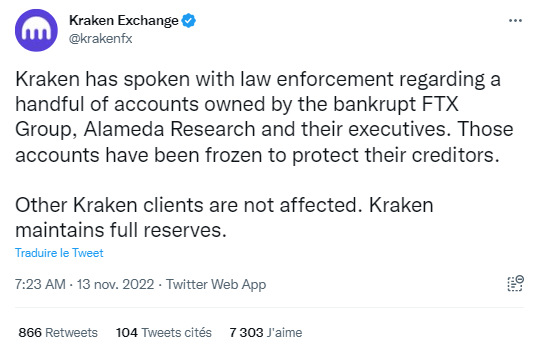 Kraken gèle les comptes de FTX et Alameda.