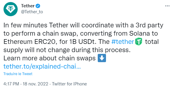 Tether transfère 1 milliard USDT de Solana à Ethereum.