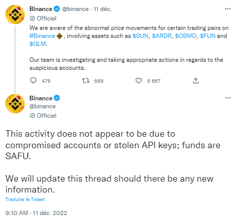 Binance announces market anomalies on several tokens.