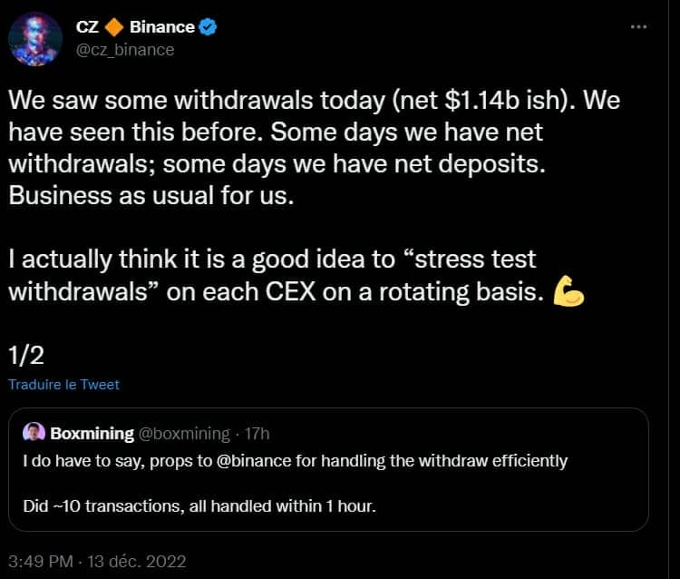 CZ se veut rassurant quant à la possibilité pour les investisseurs de retirer leurs cryptos de l'exchange Binance.