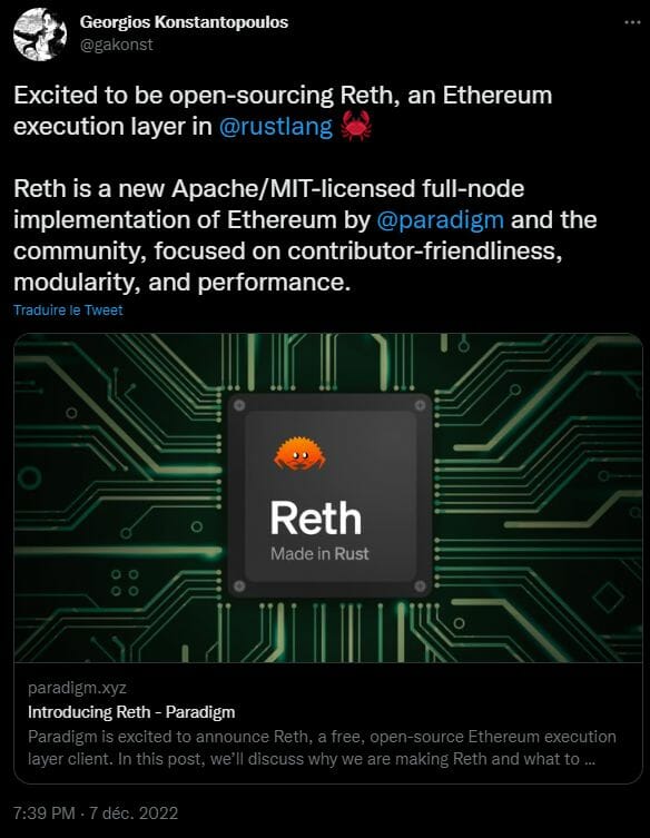 Paradigm vient de lancer Reth, un nouveau langage en Rust pour les validateurs du réseau Ethereum. L'idée est d'étoffer la diversité des langages pour renforcer la solidité du réseau dans son ensemble.