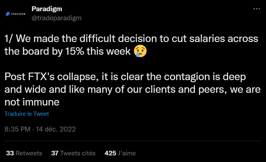 Paradigm a dû prendre la décision compliquée de baisser tous les salaires de 15% dans l'entreprise afin de faire face à l'hiver crypto. Ceci dit, c'est toujours mieux que de licencier du personnel, chose qu'on fait d'autres sociétés crypto comme Kraken, Crypto.com, Gate.io, BytBit et pleins d'autres qui ont été prises dans la tourmente de la chute de FTX et d'une situation macroéconomique défavorable.