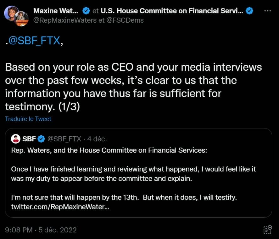 Maxine Waters répond à Sam Bankman-Fried sur Twitter.