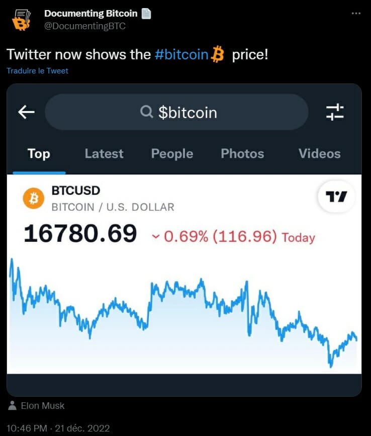 Il suffit désormais de taper un mot clé sur Twitter pour voir apparaitre le cours de bourse de l'action ou de la crypto associé.