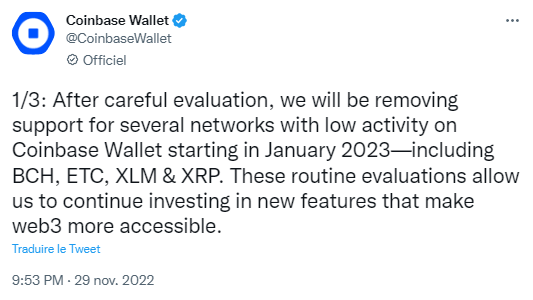 Le Coinbase Wallet ne prendra plus en charge 4 cryptos en janvier 2023.