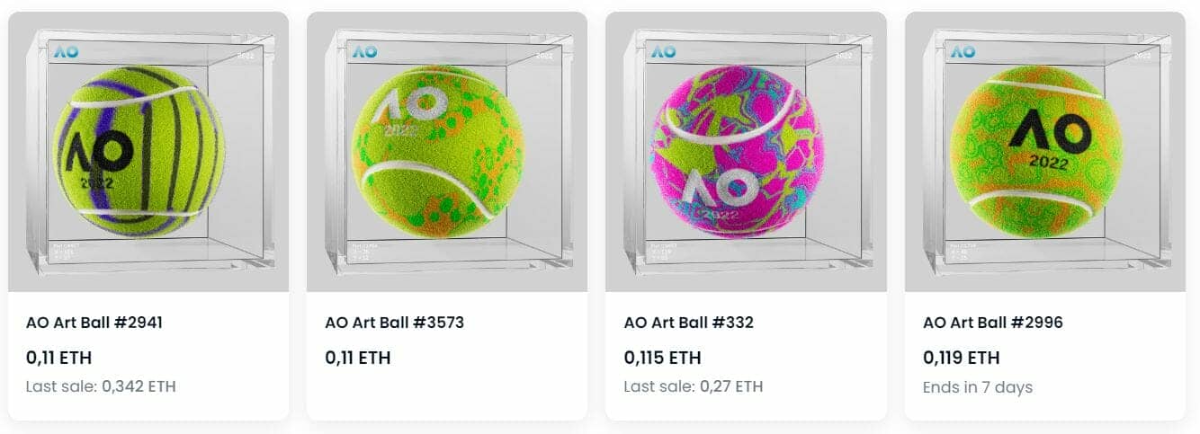 Aperçu de la collection de NFT AO Art Ball sur OpenSea, proposée par l'Open d'Australie.