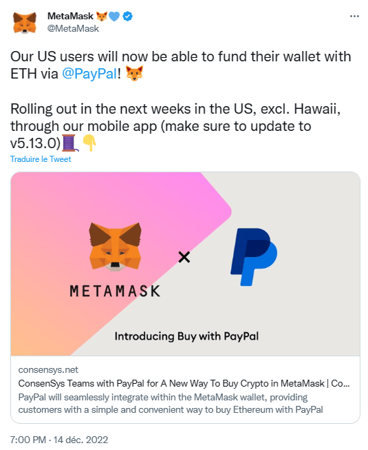 ConsenSys s'associe à PayPal pour l'achat d'ethers via MetaMask.
