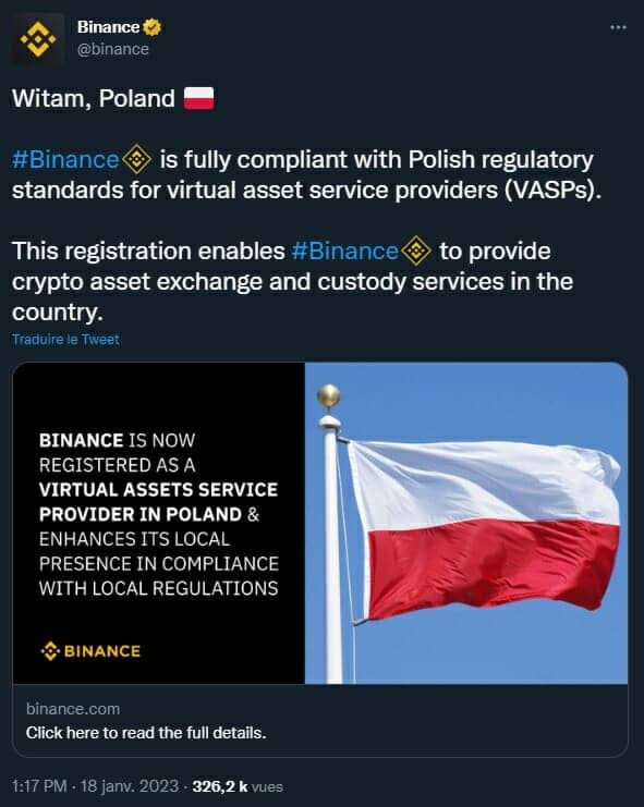 Binance poursuit sa conquête de l'Europe en ouvrant ses services à la Pologne grâce à son statut de VASP.