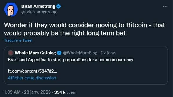 Le patron de Coinbase soumet l'idée que Bitcoin puisse servir de monnaie aux pays d'Amérique du Sud comme le Brésil et l'Argentine. 