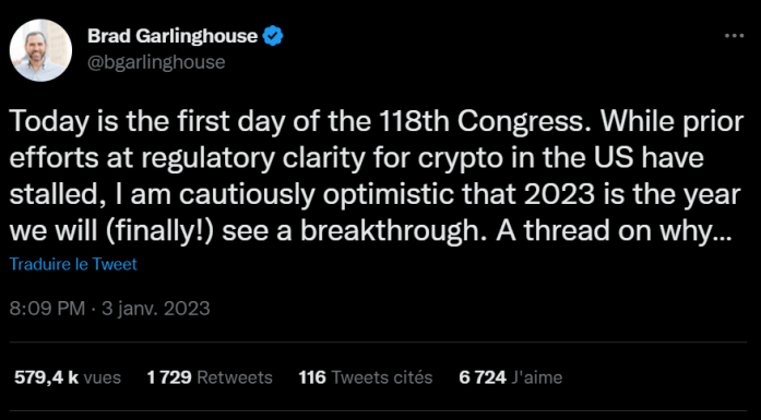 Brad Garlinghouse est aux premières loges des débats sur la règlementation des cryptomonnaies aux Etats-Unis. Sa société, Ripple, est aux prises avec la SEC depuis 2020 à propos de la nature du XRP. Il profite de l'ouverture du 118ème Congrès américain pour exposer ses doutes et ses espoirs sur l'avancée de la régulation dans son pays en 2023.