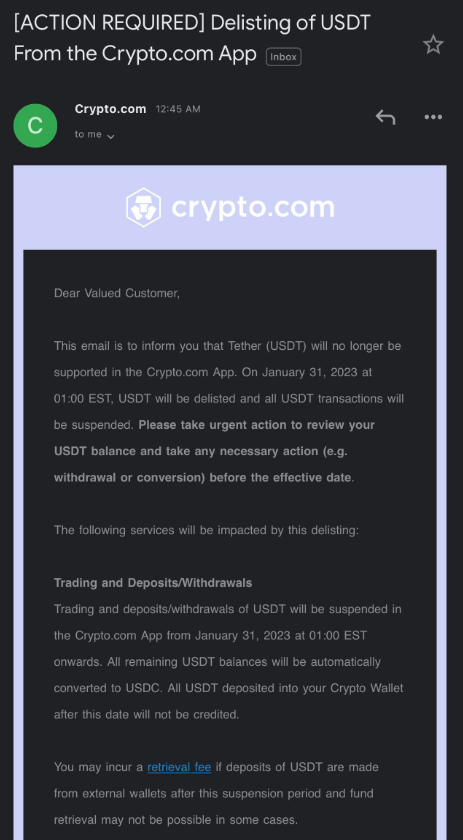Les utilisateurs canadiens de la plateforme de cryptomonnaie Crypto.com ont reçu il y a quelques jours un courrier pour les informer que l'USDT ne serait plus listé. Ils doivent ainsi les retirer ou les convertir avant le 31 janvier.