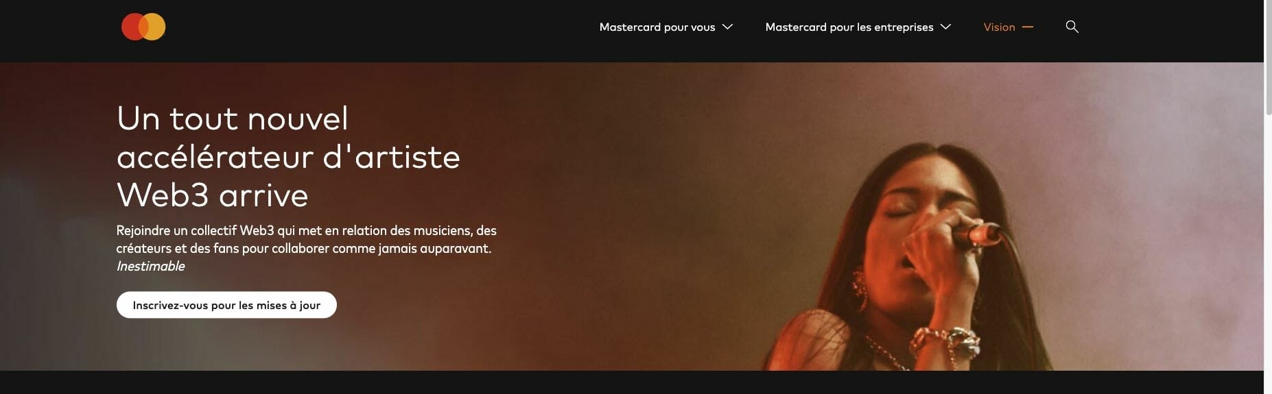 Capture d'écran du programme accélérateur web 3 MasterCard