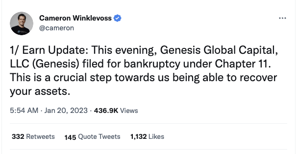 Tweet de Camron Winklevoss concernant la faillite de Genesis