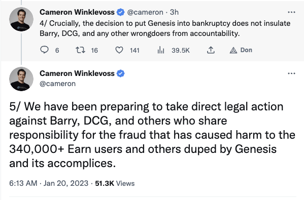Tweet de Cameron Winklevoss qui annonce attaque Barry Silbert et DCG