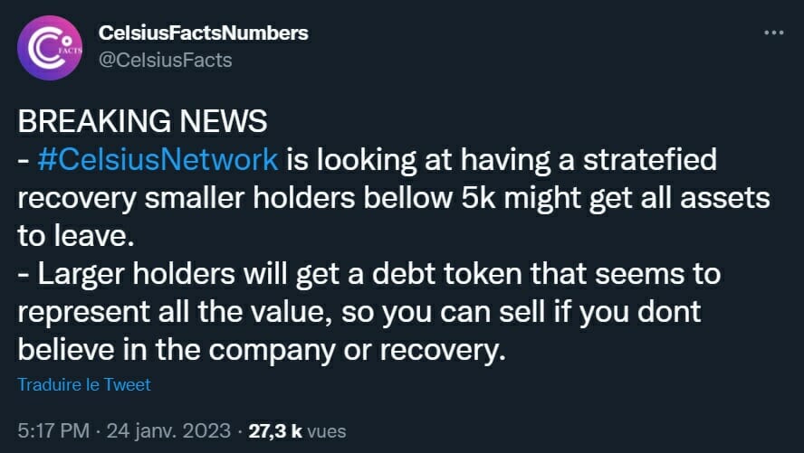 Celsius serait en train de monter un nouveau plan de financement au travers d'une cotation en bourse et de l'émission d'un nouveau token.
