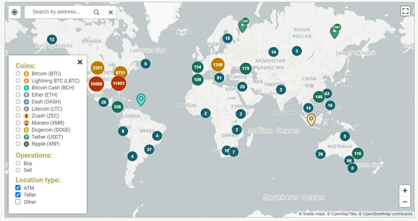 CoinATMRadar - Carte mondiale des DAB Bitcoin 