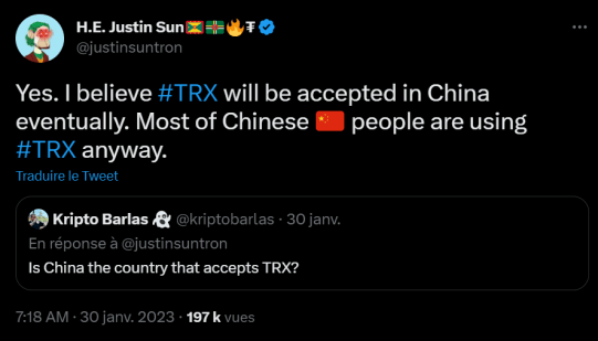 La Chine qui accepterait le TRX comme monnaie à cours légal en 2023 ? C'est la nouvelle incroyable que Justin Sun a partagé sur les réseaux sociaux ces derniers jours. 