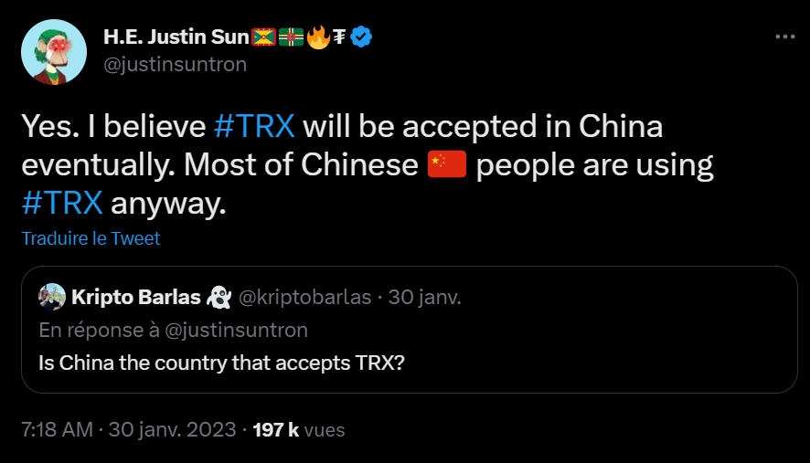 La Chine qui accepterait le TRX comme monnaie à cours légal en 2023 ? C'est la nouvelle incroyable que Justin Sun a partagé sur les réseaux sociaux ces derniers jours.