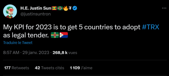 Justin Sun annonce sur Twitter qu'il verrait bien le TRX avoir un cours légal dans cinq pays en 2023 ! Il parle de la Dominique, de Saint-Martin, de Saint-Kitts et même de la Chine !