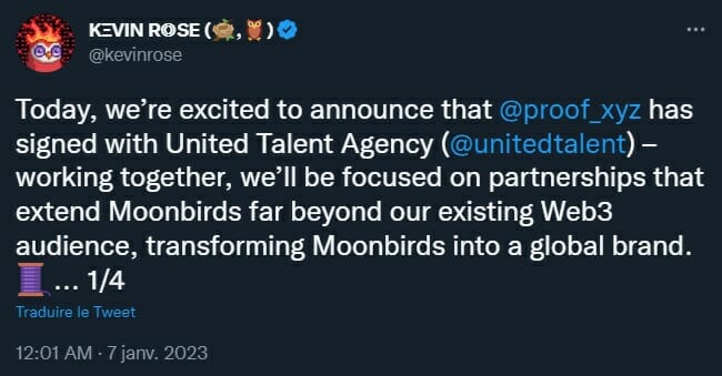 La collection Moonbirds signe un partenariat avec une grosse agence d'Hollywood afin d'étendre son influence internationale.