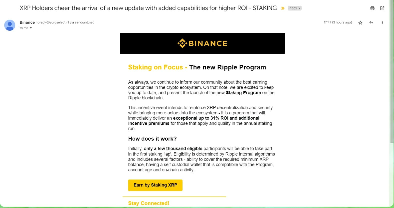 Tweet de Panda Ripple XRP montrant une tentative d'attaque phishing via un faux mail de Binance.