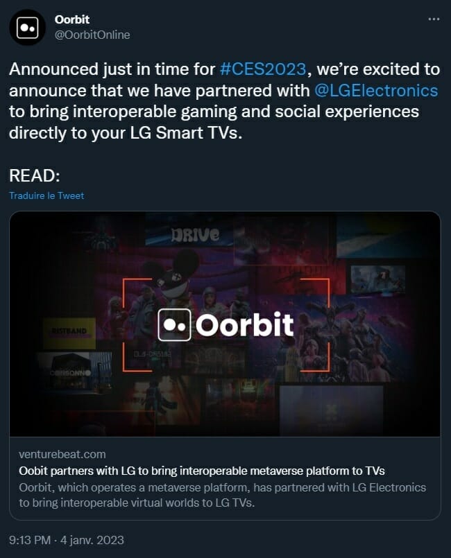 La plateforme Oorbit annonce son partenariat avec les TV LG afin de démocratiser les technologies du metaverse et les rendre accessible au grand public.