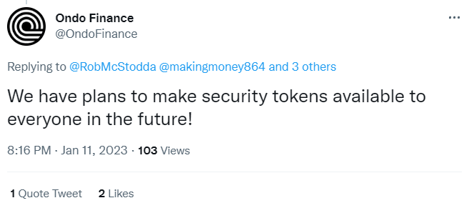 Tweet de Ondo Finance, qui annonce vouloir rendre à l'avenir leurs tokens accessibles à tous.