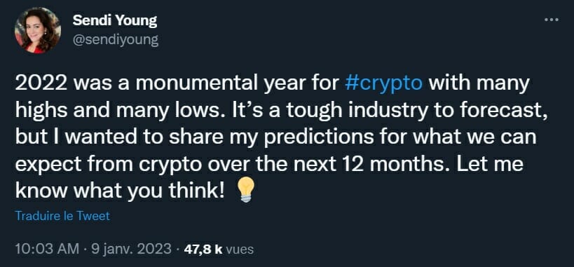 La directrice de la branche européenne de Ripple partage sur Twitter ses prévisions pour l'année 2023.