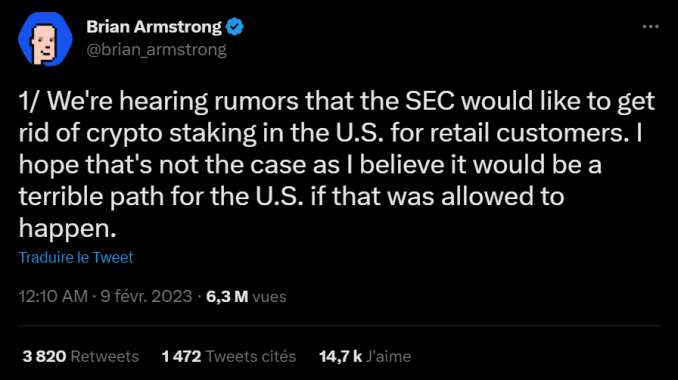 Brian Armstrong, le CEO de Coinbase, ne veut pas baisser les bras face à la SEC qui menace le staking crypto aux USA