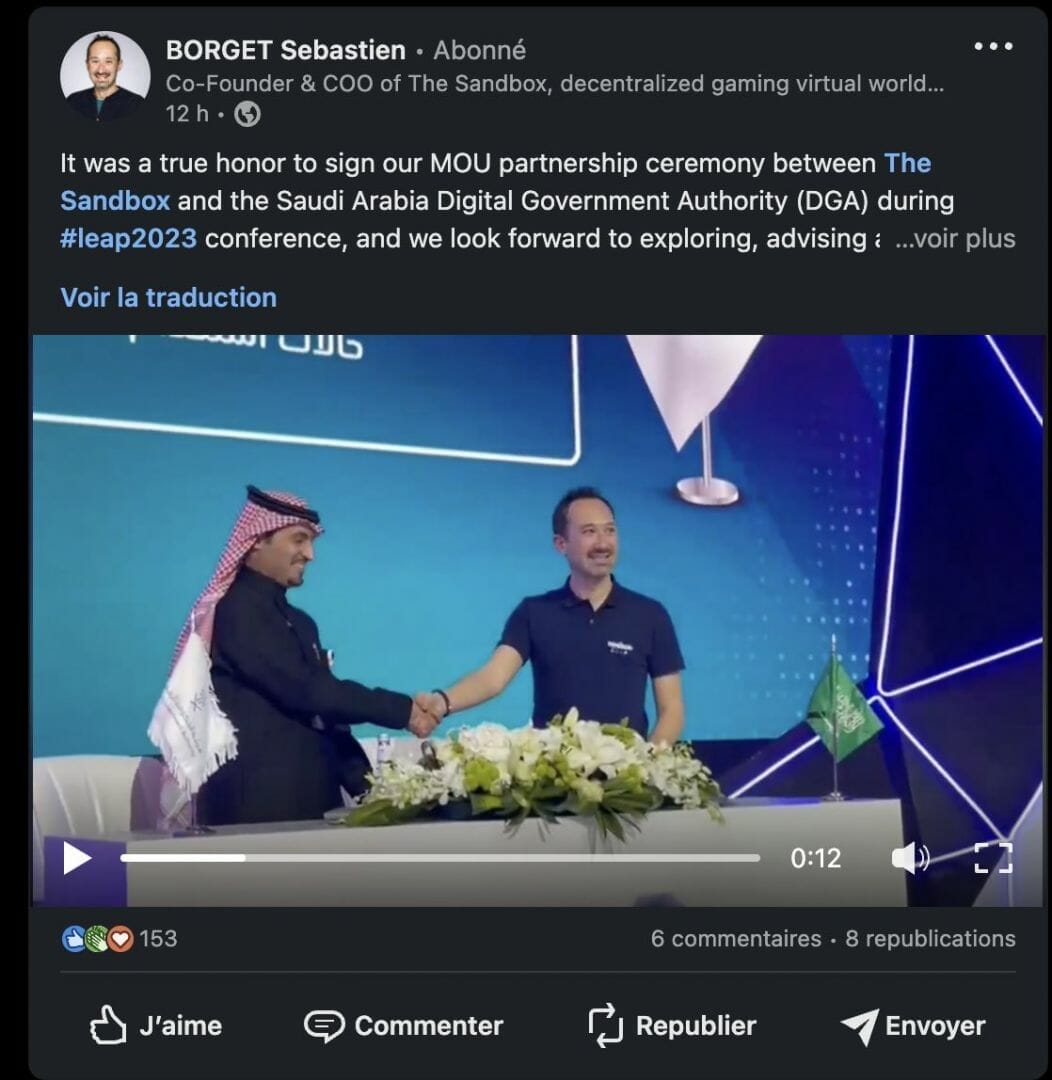 Annonce de Sebastien Borget sur LinkedIn se félicitant de son partenariat avec The Sandbox