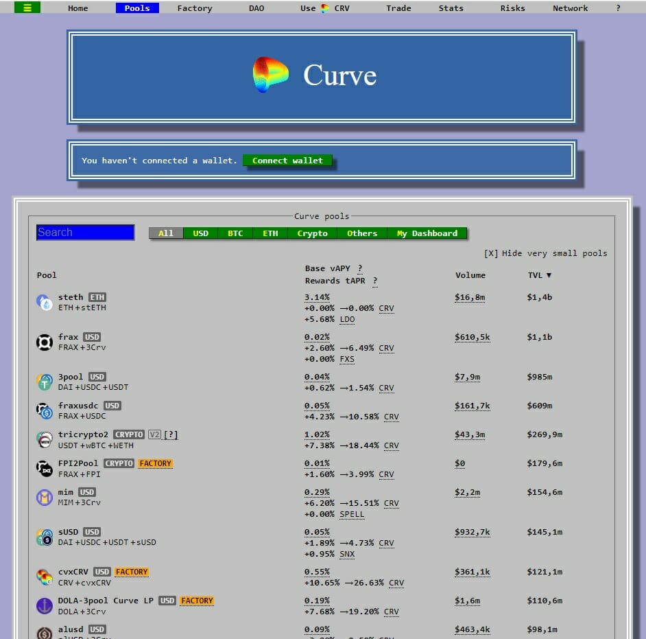 Curve Finance plateforme - Screenshot