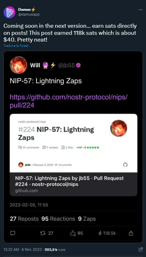 Sur Twitter, l'application Damus du réseau social décentralisé Nostr va proposer de rémunérer ses utilisateurs en bitcoins.