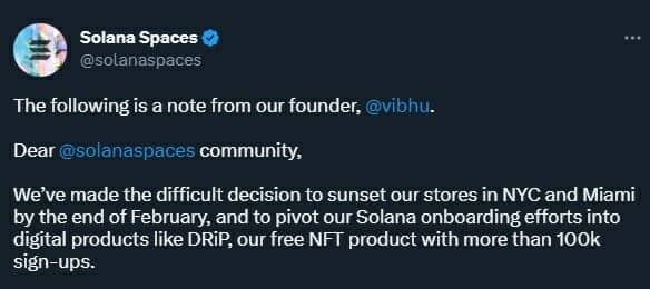 Dans un message partagé sur Twitter, Solana Spaces déclare mettre fin à l'activité de ses boutiques implantées aux États-Unis.