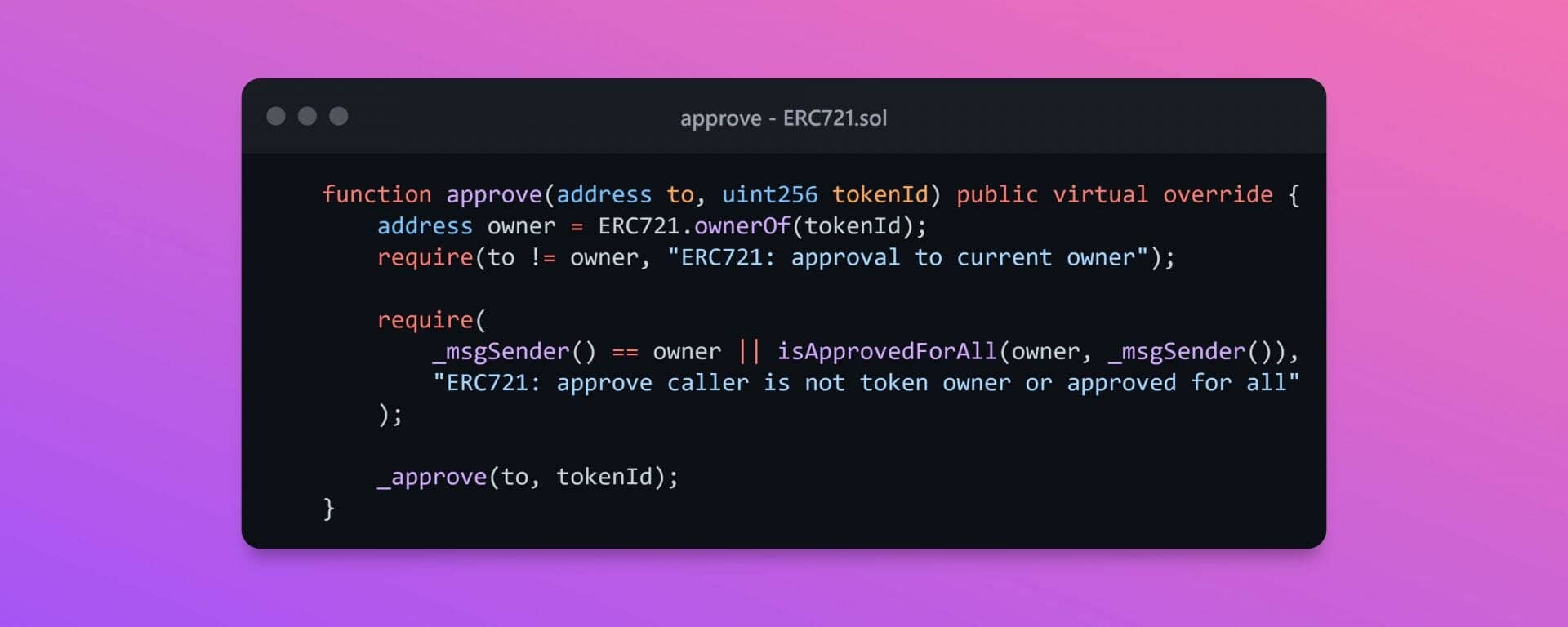 Extrait du code officiel de la norme ERC721 d'Openzeppelin, il définit la fonction "approve" qui est différente de celle de la norme ERC20 car elle permet de définir l'accès à un NFT précis.