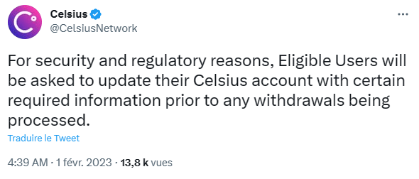 Celsius demande des informations d'identité supplémentaires.