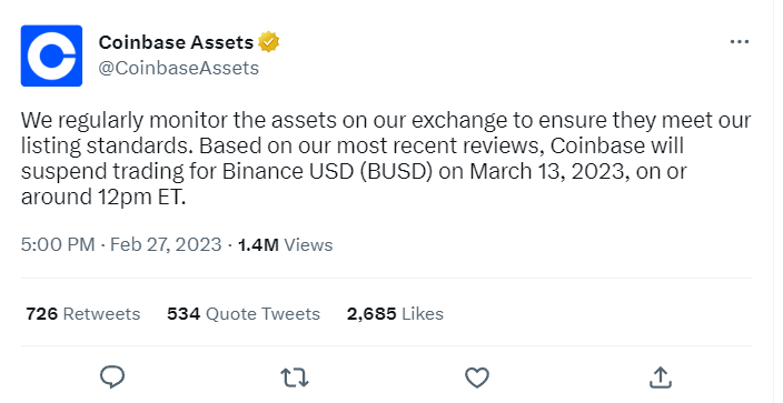 Tweet de Coinbase qui déliste le BUSD