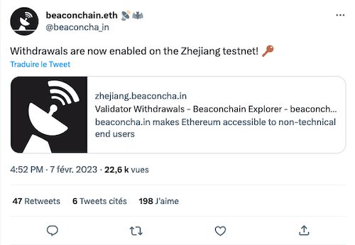 Tweet d'annonce du testnet Zheijang sur Ethereum