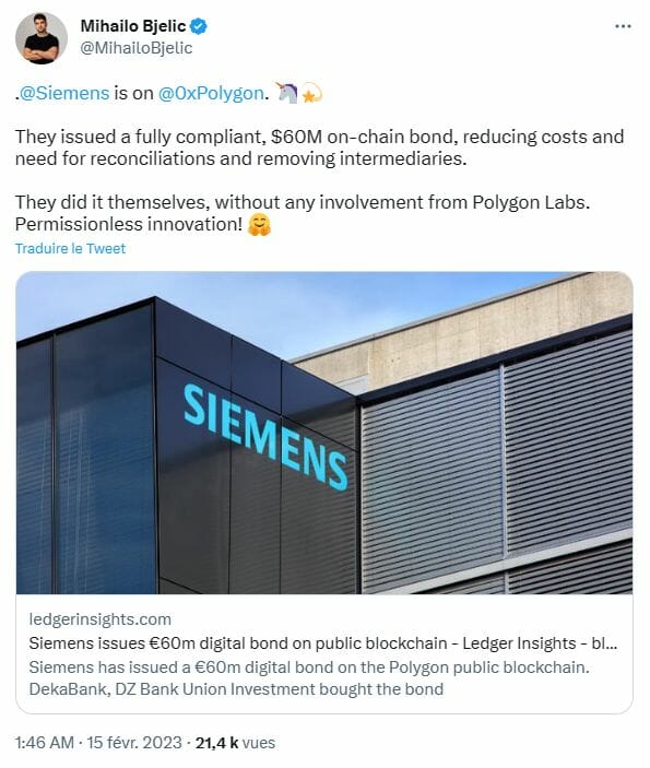 Le géant Siemens se sert de la blockchain Polygon pour l’émission d’obligations.