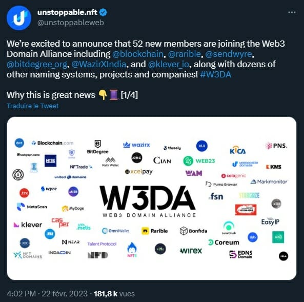 Unstoppable Domains annonce de nouveaux partenaires de la Web3 Domain Alliance pour harmoniser les usages du web 3.
