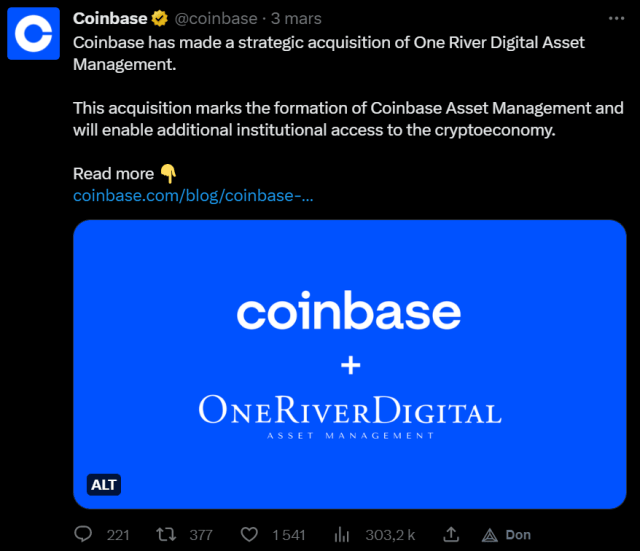 Coinbase vient de faire l'acquisition de One River Digital Asset Management après des années de collaboration avec eux. Ce faisant, la plateforme de Brian Armstrong se positionne plus que jamais comme un acteur incontournable de l'investissement crypto des institutionnels.