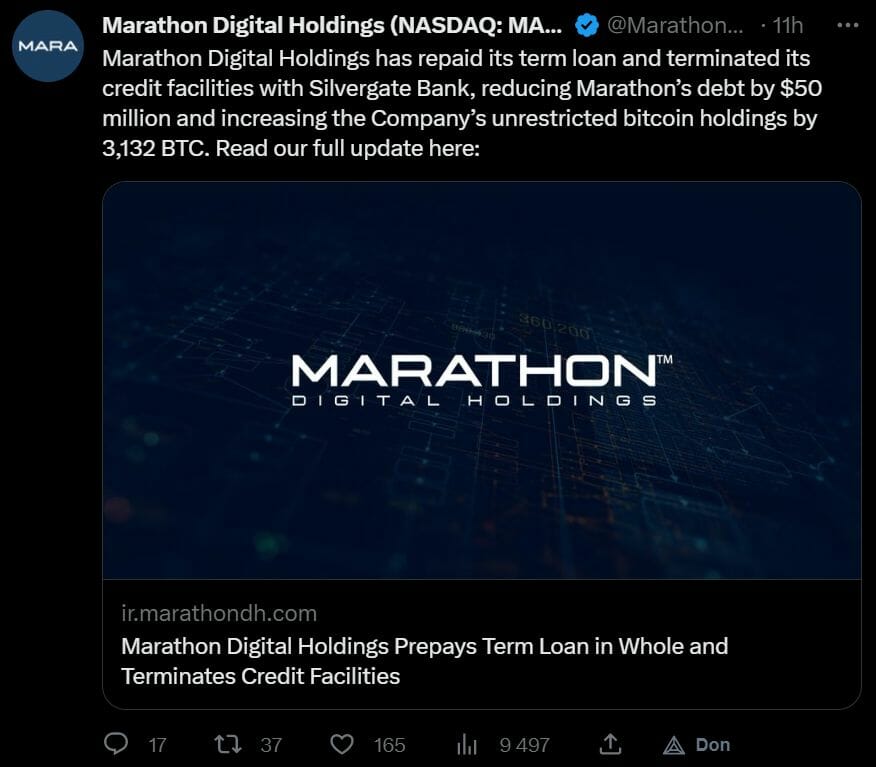 La société de minage de bitcoins annonce officiellement avoir mis fin à toutes ses lignes de crédit et d'emprunt chez Silvergate Bank. Après Paxos, Microstrategy et Coinbase, le mineur quitte aussi le navire. Navire qui est d'ailleurs en perdition puisque la banque a annoncé hier se placer en liquidation volontaire.