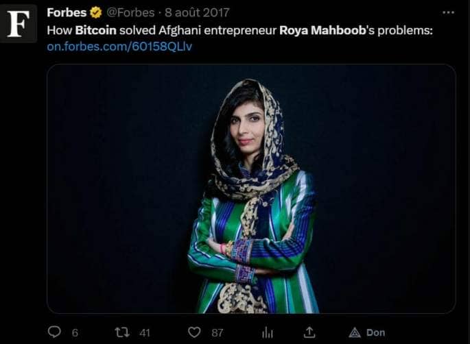 Le magazine Forbes consacre sa une à Roya Mahboob et au Bitcoin qu'elle utilise pour payer les contributrices de sa plateforme de blog Women's Annex