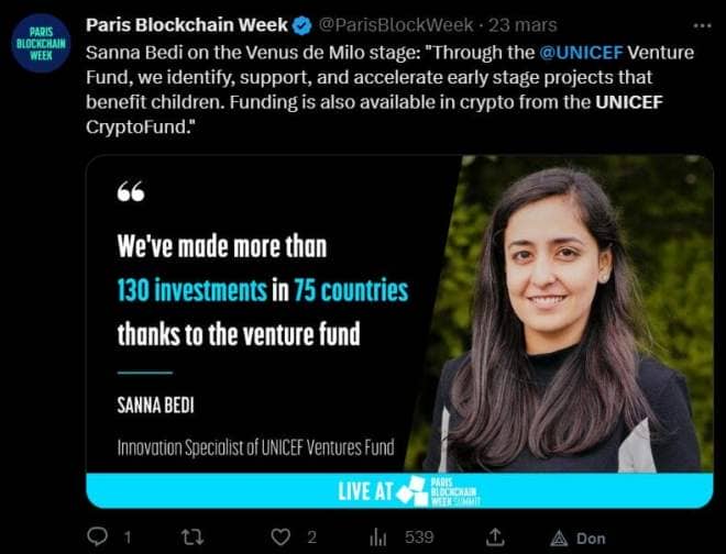 Le CryptoFund existe depuis 2019 et investit les dons en crypto dans différents projets autour de l'inclusion numérique dans des pays en voie de développement. Sanna Bedi, la responsable, était présente la semaine dernière à la Paris Blockchain Week.